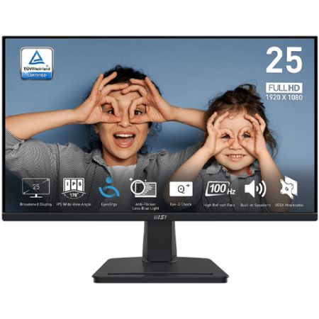 MSI PRO MP251 E2 24.5" Monitor, 1920 x 1080 (FHD), IPS, 120Hz, VESA Mountable, TUV Certified Eyesight Protection, Anti-Glare Display, Less Blue Light,1ms, HDMI, VGA, Tilt